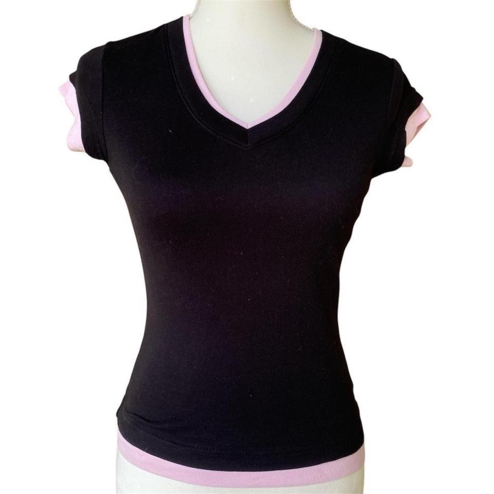 Y2K Black Pink Trim V-Neck Top Womens Fitted Short Sleeve‎ Baby Tee 2000s
